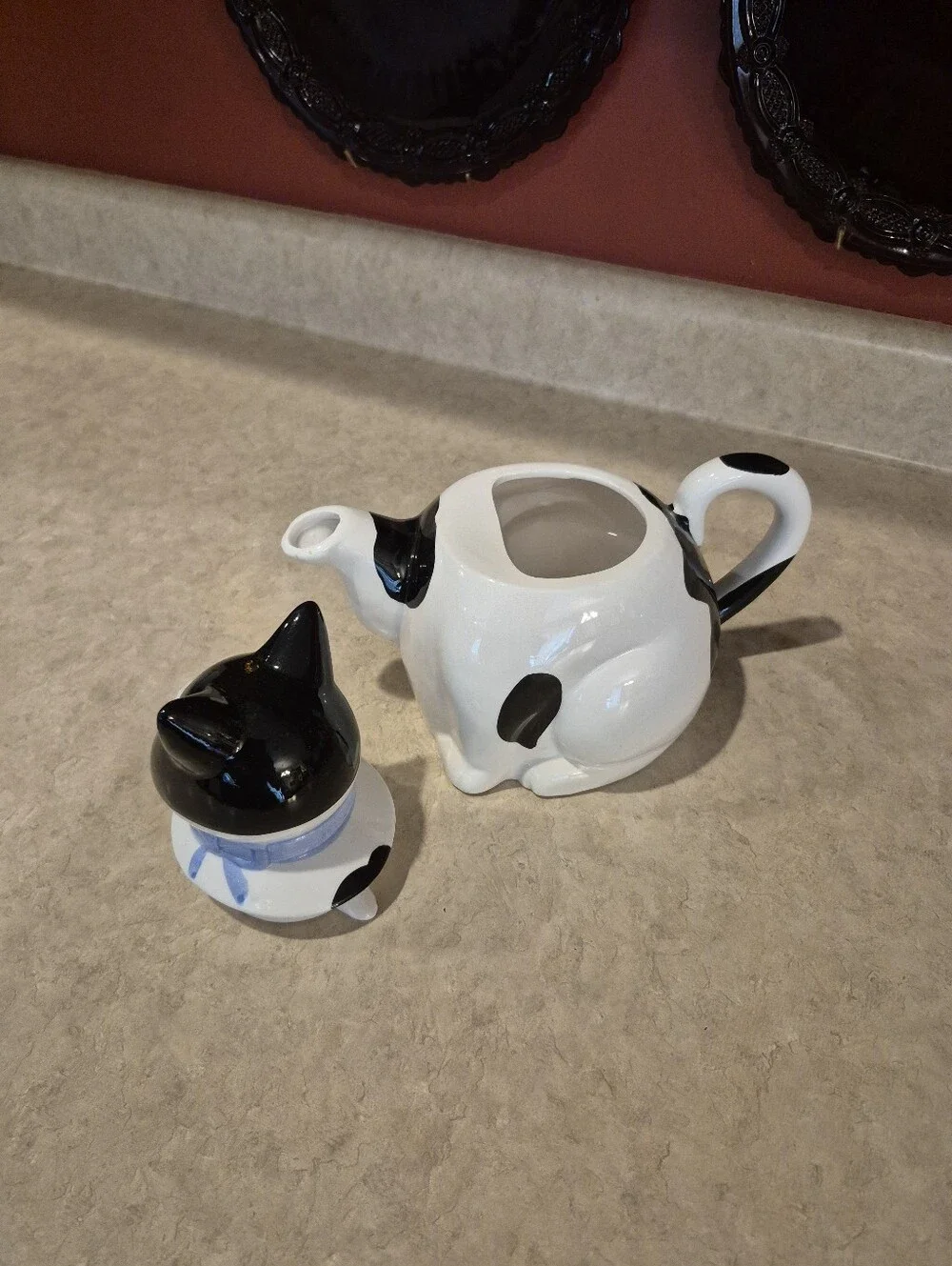 Black and White Cat Teapot with Blue Collar - Ceramic Pet Décor Unbranded